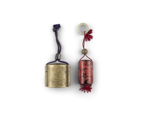 *A GROUP OF TWO (2) INROS  Japan, Meiji period  The first one made up of gilt copper alloy and adorned with the armorial cres