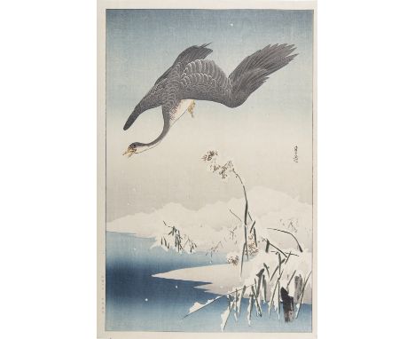 YOSHIMOTO GESSO 吉本月荘(1881-1936) A wild goose is descending to a snow covered river bank Oban tata-e / woodblock print A print