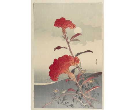 YOSHIMOTO GESSO 吉本月荘(1881-1936) Flowers and grasshopper Oban tata-e / woodblock print A print dating to the Taisho / Showa pe