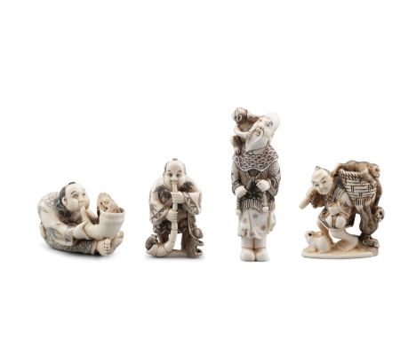 *A GROUP OF FOUR (4) IVORY KATABORI NETSUKES Japan, Taisho to Showa period The first one is shaped as a man playing the horn 