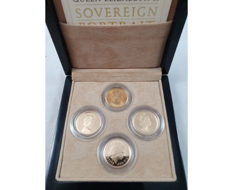 A Queen Elizabeth II sovereign portrait collection 1957, proof 1980, proof 1987, proof 2004, case and certificate