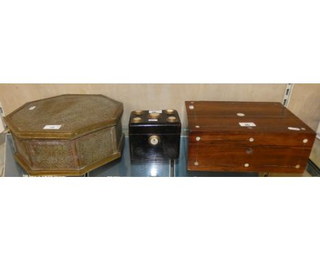 A brass bound hexagon shaped sewing box with hinged lid, black ebonised tea caddy, 11 cm tall x 14 cm long inlaid box (3)