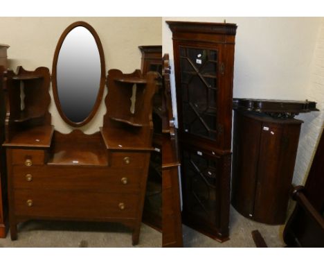 A Victorian oak con curved corner cupboard, 97 cm tall together with a pair of glazed corner cabinets, dressing table, shelf 