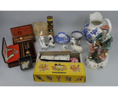 Pelham puppet policeman boxed, Beswick ram, Sylvac terrier, two cased hydrometers, blue and white Spode trio, Oriental bowl, 