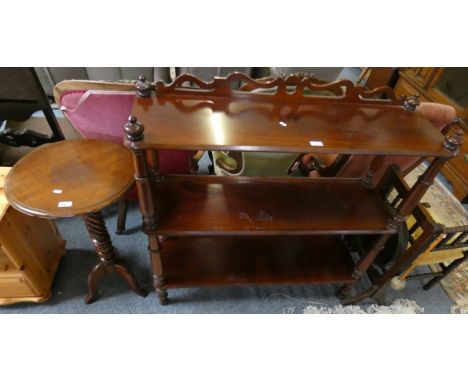 A mahogany three height floor standing book shelves, 108 cm long x 107 cm tall together with a tripod table (2)