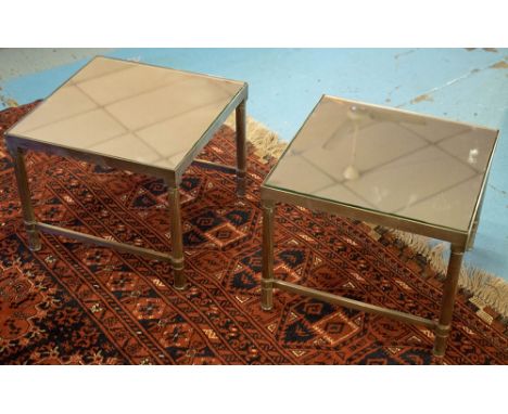 LAMP TABLES, a pair, with square mirrored tops on silvered metal reeded supports, 29cm H x 36cm W. (2)