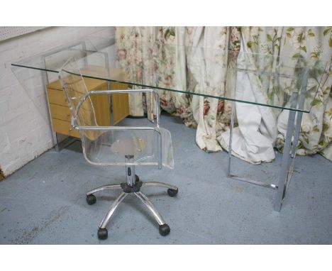 DESK, chrome and light oak with rectangular glass top above three drawers, 75cm H x 180cm x 80cm and a lucite adjustable swiv