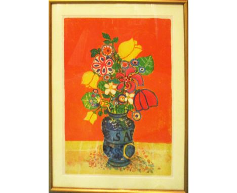 20TH CENTURY SCHOOL 'Vase of flowers', lithograph in colours, 70cm x 50cm, framed and glazed.