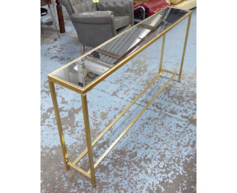 CONSOLE TABLE, mirrored top, on a gilded metal base, 152cm x 26cm x 79cm H.