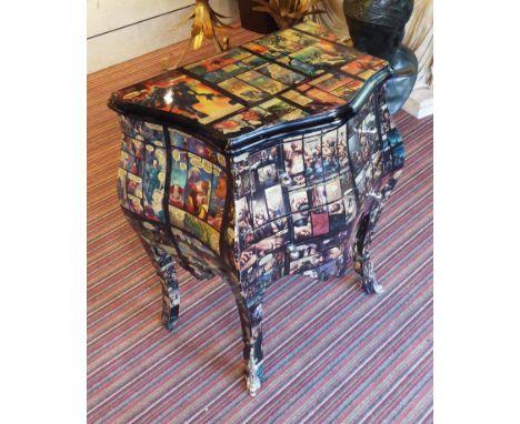 FRENCH STYLE COMMODE, in a comic back decoupage finish, 60cm x 40cm x 75cm.