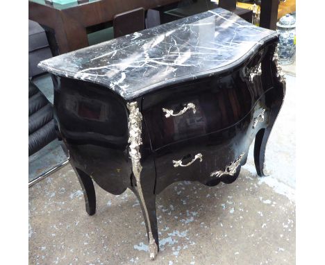 BLACK COMMODE, with marble top and two drawers, 100cm x 54cm x 84cm.