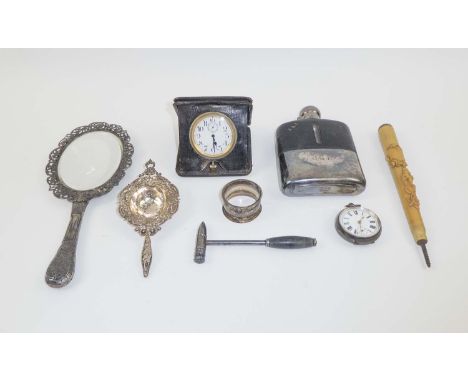 MISCELLANEOUS COLLECTABLES, comprising of, pocket watch, travel clock, hand mirror, hip flask, tea strainer, napkin ring, par