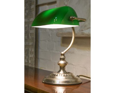 BANKERS LAMP, vintage silvered metal with green glass tilting shade, 35cm H.
