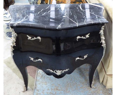 BLACK COMMODE, with marble top and two drawers, 100cm x 54cm x 84cm.