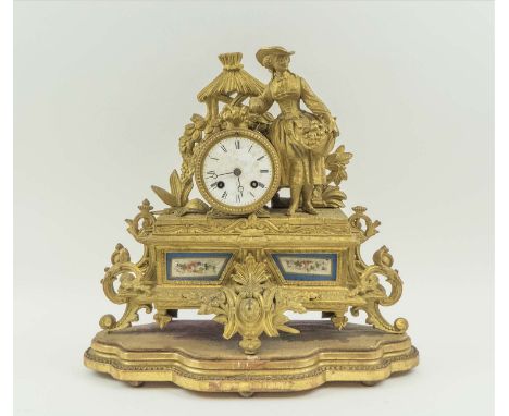 FRENCH MANTEL CLOCK, late 19th/ early 20th century with figurative gilt metal case, bell striking movement, 38cm W x 33.5cm H