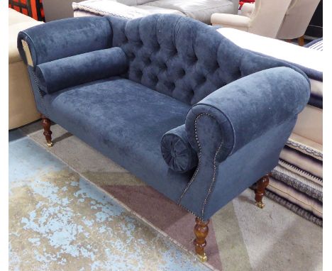 HALL SEAT, button back and two bolster cushions, on turned supports, New York grey upholstery. (2)
