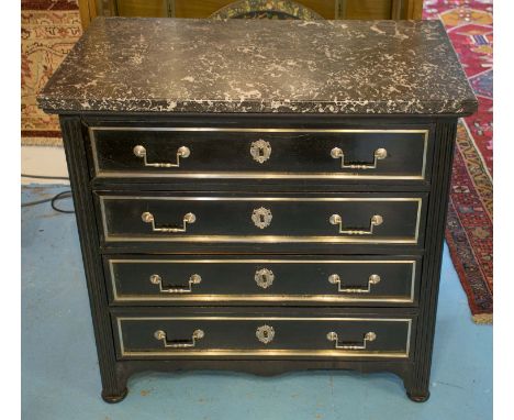 COMMODE, early 20th century, French Directoire style, ebonised and silver metal mounted with grey marble top above four long 