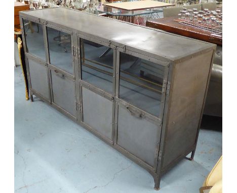 FACTORY CABINET, industrial style in galvanized metal with four part glazed doors and internal shelf, 168cm x 46cm x 91cm H.