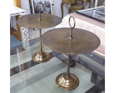 OCCASIONAL TABLES, a pair, circular bronzed metal with ring handles. (2)