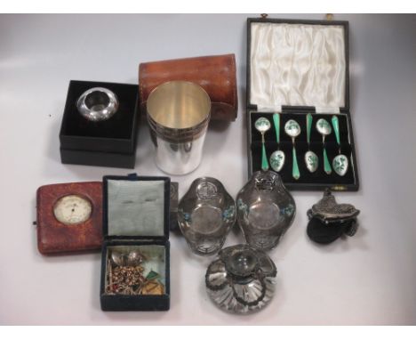 A set of six silver and enamel coffee spoons decorated with shamrocks, the case with miltary presentation together with vario