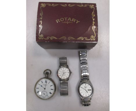 Rotary gent's Elite automatic wristwatch, boxed, another automatic watch by Seiko, and 'Benson Bank Watch' silver cased pocke