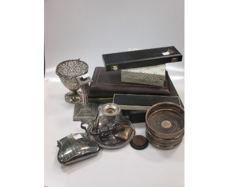 A silver dwarf candlestick, cased teaspoons, pair plated bottle coasters, and various plated items  