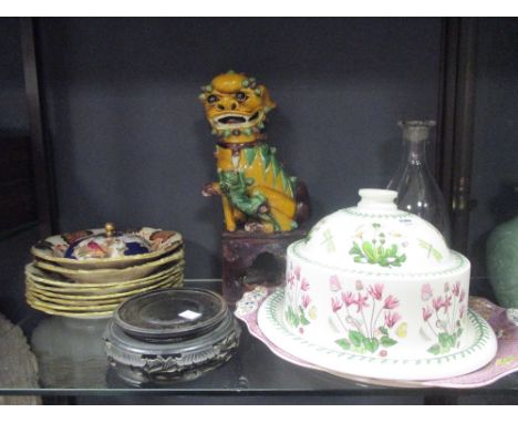 An Ironstone oval tureen stand, part Wedgwood dinner service, Dogs of Fo - damaged, etc  