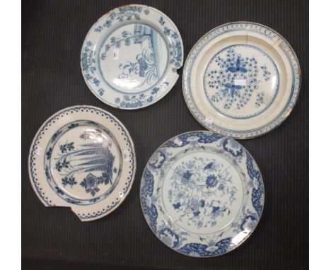 A Liverpool Delft dish - a/f, and three further delftware dishes, (repaired) (4)  