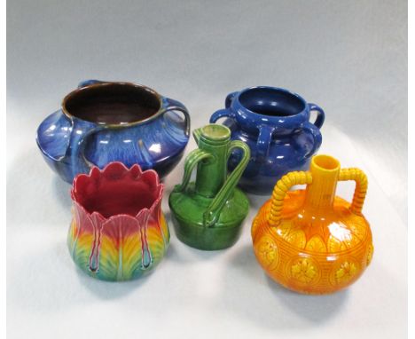 A small collection of Victorian Art Pottery, comprising an Ault Pottery leaf moulded planter, a C, H, Brannam six handled pla