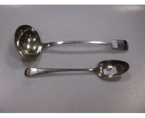 A George III silver basting spoon by Peter &amp; William Bateman, together with a George IV silver soup ladle, 10.4ozt gross 