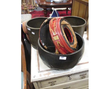 A Chinese bowl gong with beater on a red lacquered stand (A/F) and two oriental brass tins with engraved decoration  