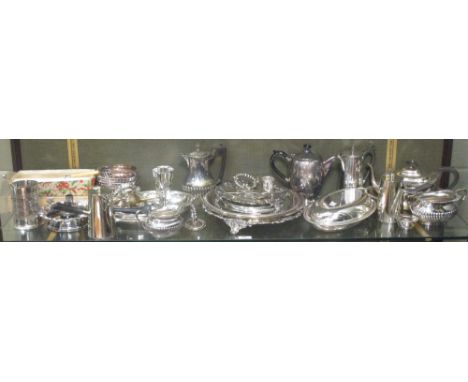 A large collection of silver plated ware to include entree dishes, trays, bottle coaster, flatware, teapot, coffee pot etc  