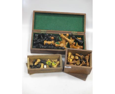 A Staunton boxwood and ebony chess set, King 4" high in a wooden box, a Tiplex red and clear perspex chess set (one pawn A/F)