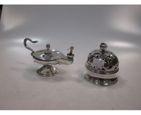 A silver 'Alladin's lamp' style cigar lighter together with a silver mounted desk bell (2)  