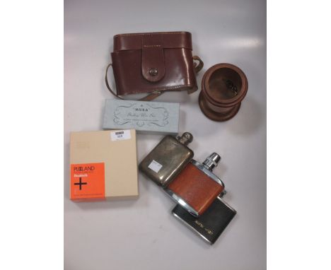 A Silver hip flask (worn) 3.15ozt, 2 other flasks, camera and treen pot etc  