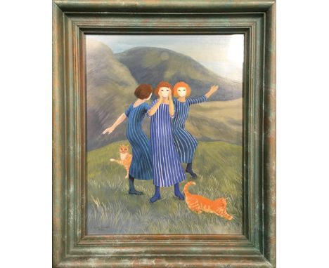 Nina Dufort (British Contemporary) Cats &amp; Masks, 1986, oil on board, signed and dated lower left and to the reverse, 24 x