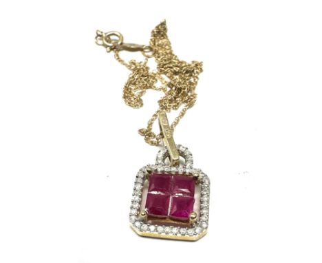 14ct gold ruby &amp; diamond stylised cluster pendant necklace (2.1g) 