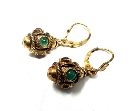 9ct gold vintage ruby &amp; emerald ornate drop earrings (5g) 