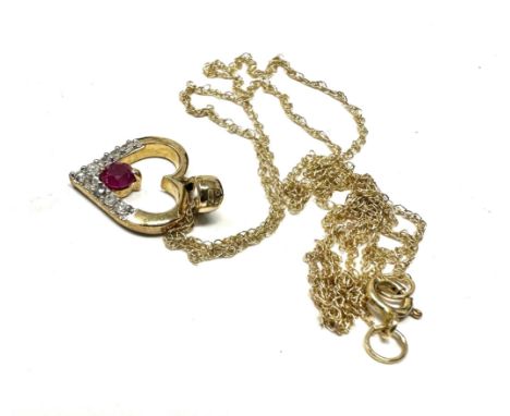 9ct gold ruby & diamond heart pendant necklace (1.1g) 