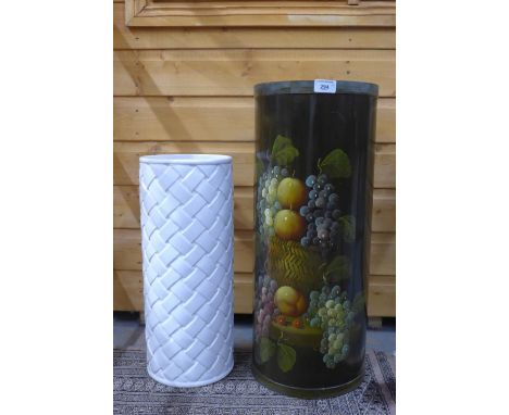 Fruit painted wooden stick stand and a white glazed pottery stand with basket weave texture, tallest 60cm (2) 