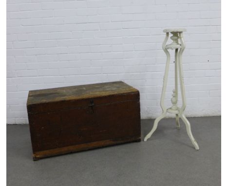 Pine blanket box / trunk (a/f), together with a white painted jardiniere stand, 95cm high (2)