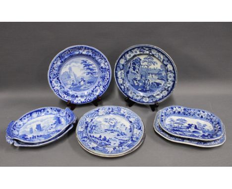19th century Staffordshire blue and white transfer printed pottery to include Philosopher plate, Belvoir Castle plate, Ancien