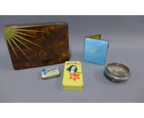 Craven A art deco cigarette tin, other vintage tins, Epns salt and a brass and enamel cigarette case (a lot) 