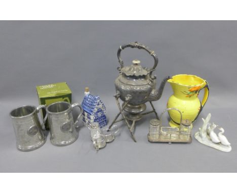 Mixed lot with an Epns spirit kettle on stand, pewter tankards, cruet sets, Art Deco pottery jug, etc (a lot) 