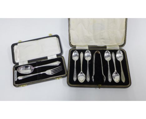 Silver fork and spoon cased set, Birmingham 1953 and a cased set of six Epns teaspoons with sugar tongs (2) 