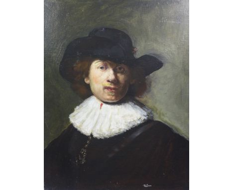 Polish School, an oil on canvas laid down on board,  portrait of Rembrandt, unsigned, 52 x 68cm 