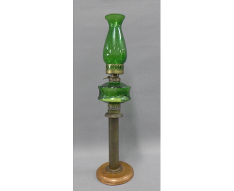 Copper and green glass oil lamp, 57cm 