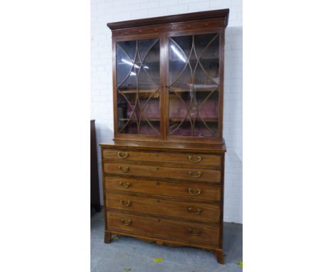 Late 18th / early 19th century mahogany inlaid secretaire bookcase cabinet, cornice top with dentil frieze over a pair of ast