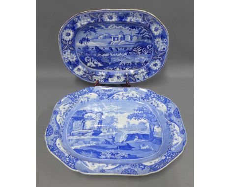 19th century Spode blue and white transfer printed meat dish and another, largest 52cm (2) 