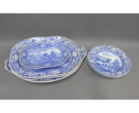 19th century Spode Bridge at Lucano blue and white transfer printed pottery to include two ashets, tureen stand, smaller ashe